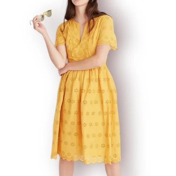 Madewell | Dresses | Madewell Scalloped Eyelet Midi Dress Yellow Fit Flare  Size 0 | Poshmark